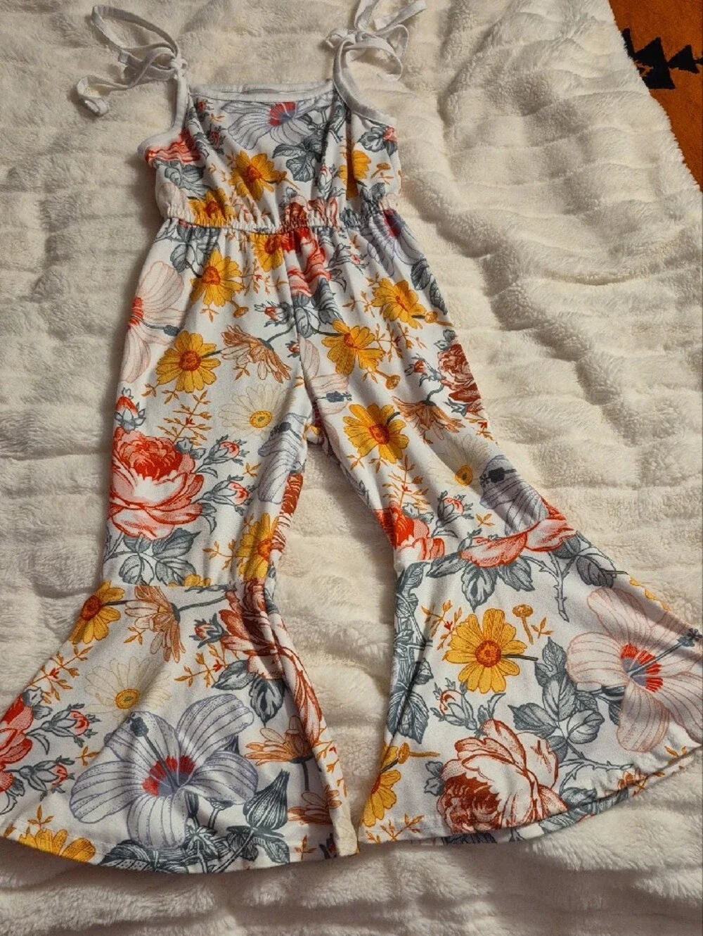 Source Unknown White Jumpsuit with Yellow & Orange Floral Print